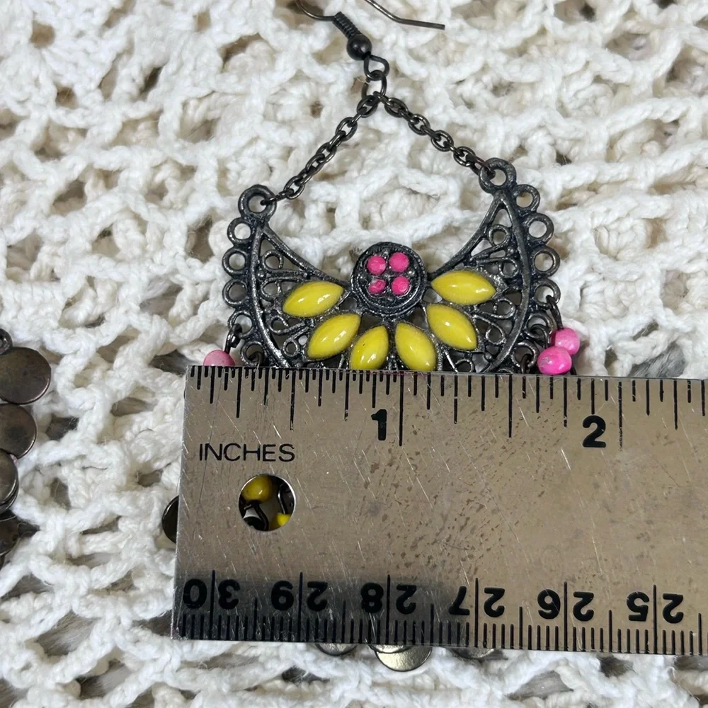 Dangle Hook Chandelier Earrings Boho Filigree Bead Pink Yellow Black Drop